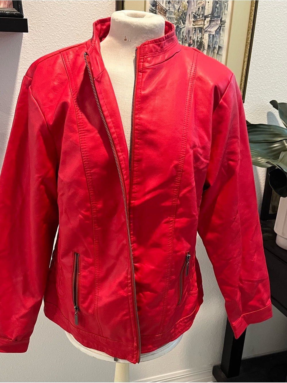 New Look Women's Red Zip-Front Lightweight Faux Leather Jacket 1X